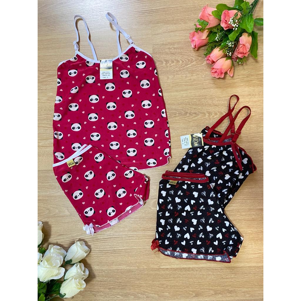 kit 3 baby doll infantil liganete estampado short blusa alças ajustáveis menina moça juvenil pijamas