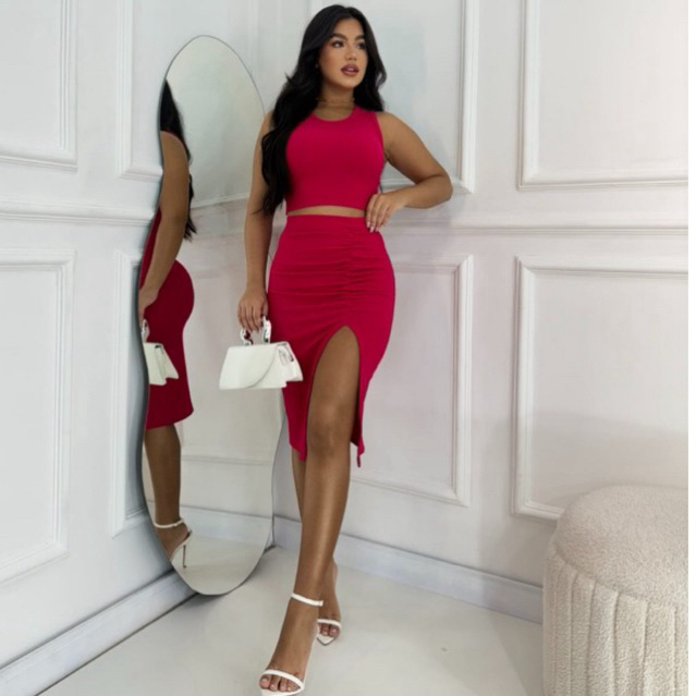 CONJUNTO FEMININO SAIA FENDA E CROPPED RIBANA CANELADO Mid Moda Verão Tendência Bela Conjunto Blogueira