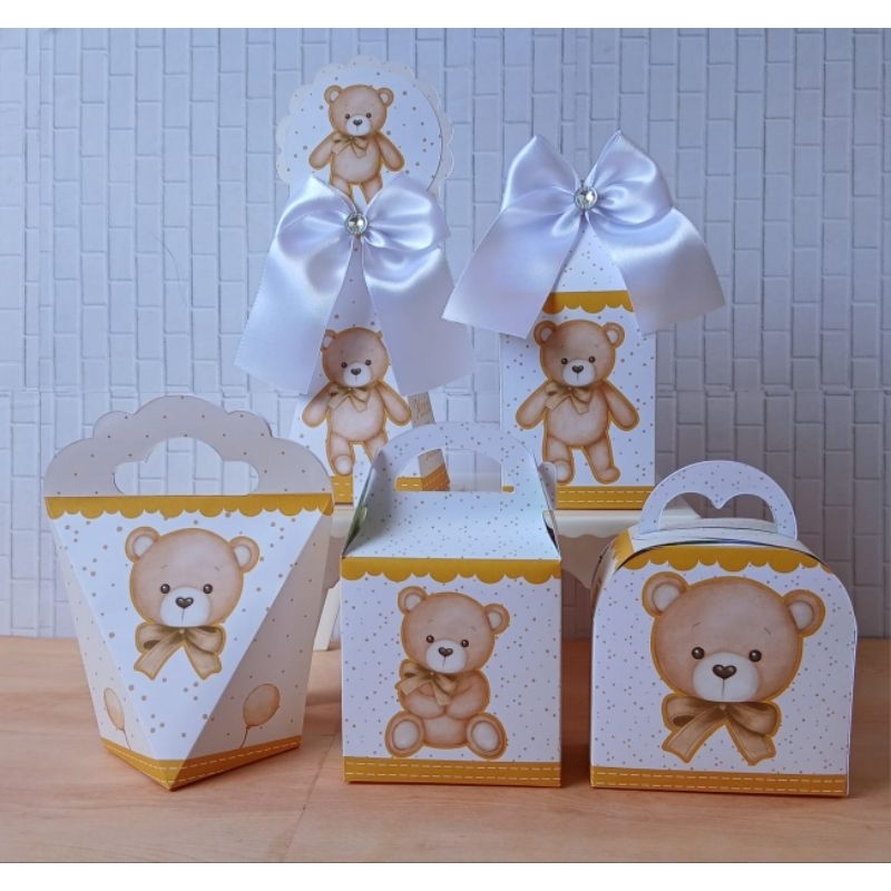 PEGUE E MONTE Kit festa personalizados CHÁ DE BEBÊ REVELAÇÃO URSO BRANCO COM DOURADO Lembrancinhas Caixinhas para festa