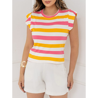 T- Shirt Feminino Blusinha Viscolycra Listrada Tricolor Tendência Cód 140 em Oferta na Shopee