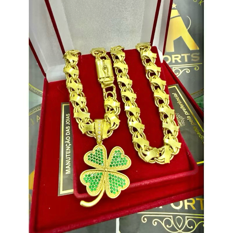 Corrente friso X 13mm 70cm de moeda antiga pura + pingente trevo em Oferta na Shopee