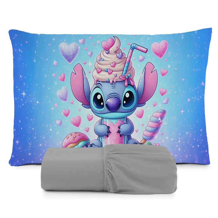 Jogo de Lençol Stitch Milkshake 2 Peças – Solteiro, Microfibra com Elástico, Lençol + Fronha