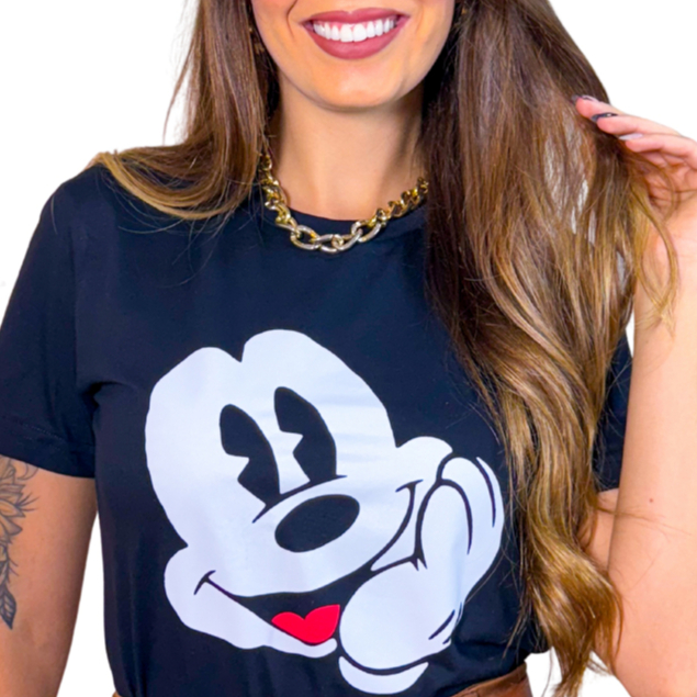Camiseta Feminina Mickey Mouse Estampa Divertida Blusa Preta Algodão Tshirt Personagem Disney