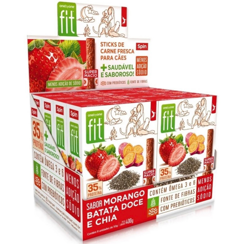 Kit 8 Petisco Spin Pet Stick Fit Morango, Batata Doce e Chia 50g para Cães