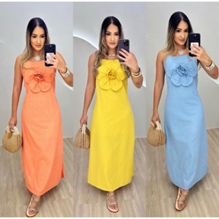 Vestido Feminino Longo Flor no busto Elegante Tendência Sofisticada