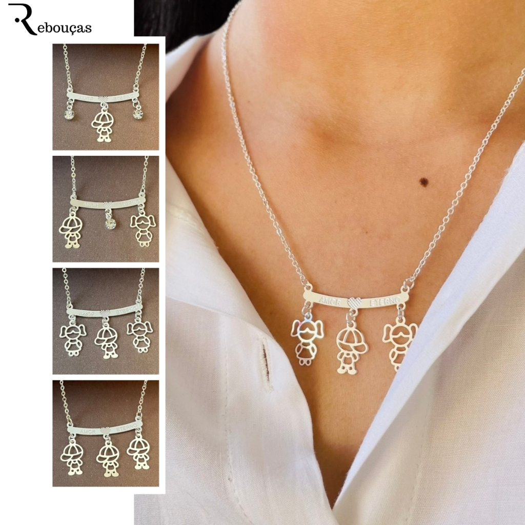 Rebouças Store Colar FIlhos Casal Menino Meninas Folheado A Prata 925 Ref. CFFP-0023 Mulheres em Oferta na Shopee