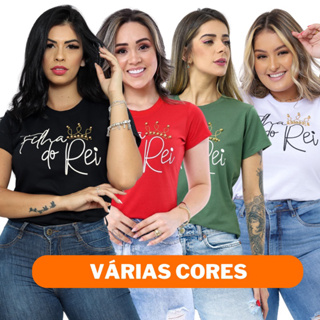 T-SHIRT DE ALGODÃO FILHA DO REI COM PÉROLAS - VÁRIAS CORES em Oferta na Shopee