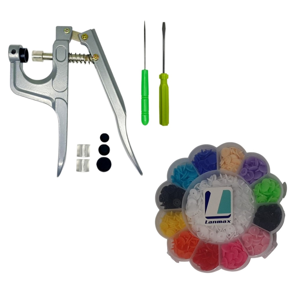 Kit Alicate de Pressão Para Pregar Aplicar Botão Plástico Ritas + Box 180 Botões Rita Coloridos 12mm