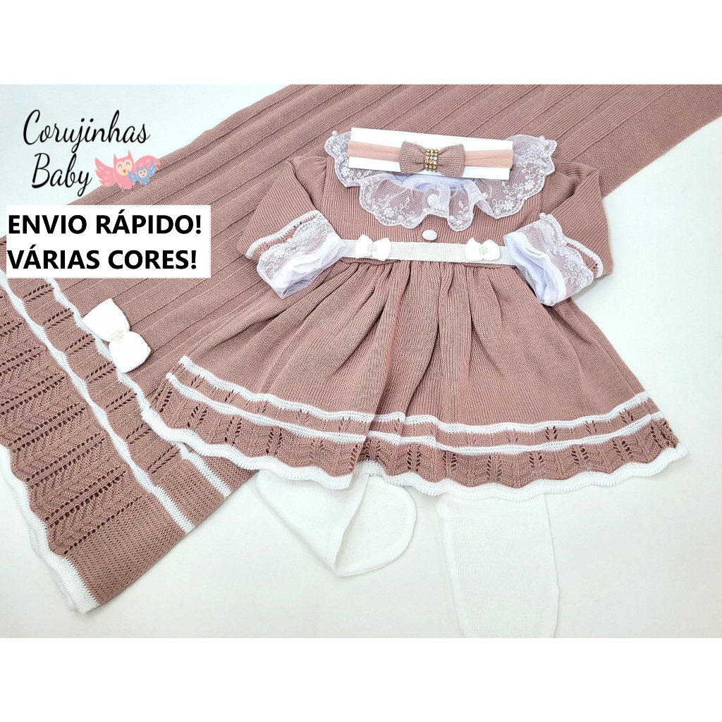 Saída de maternidade menina em tricô / tricot feminina com renda e vestido luxo c/ manta