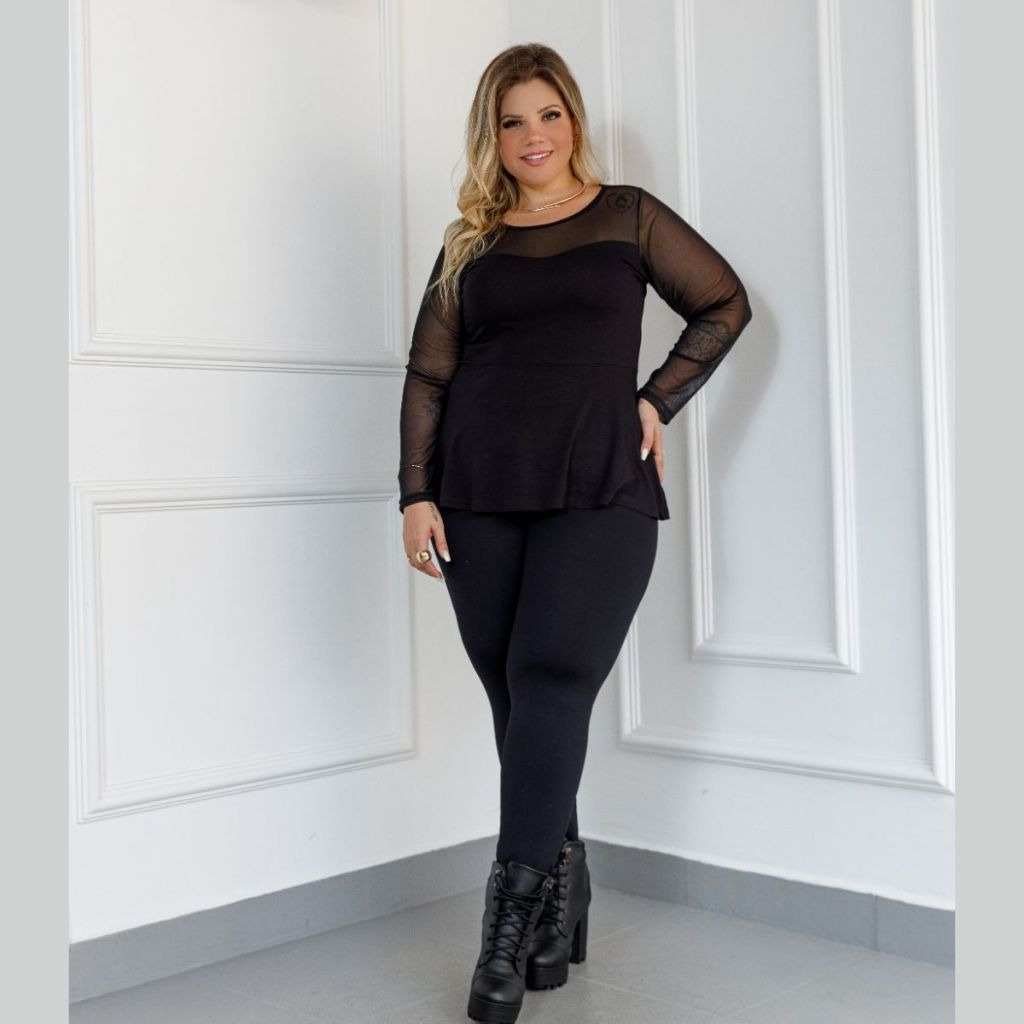 Blusa Feminina Peplum Com Manga Longa em Tule Transparente Plus Size
