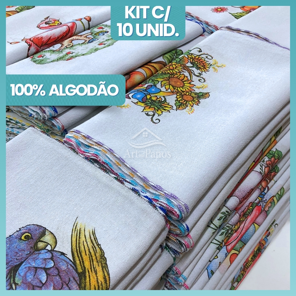 Kit Pano De Prato Festone Rama Com Overloque Para Cozinha 10 Unidades 100% Algodão - Atacado