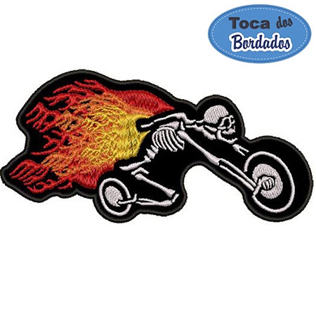 Patch Bordado Bordado Caveira Moto em chamas 8x13 cm Cód.1286