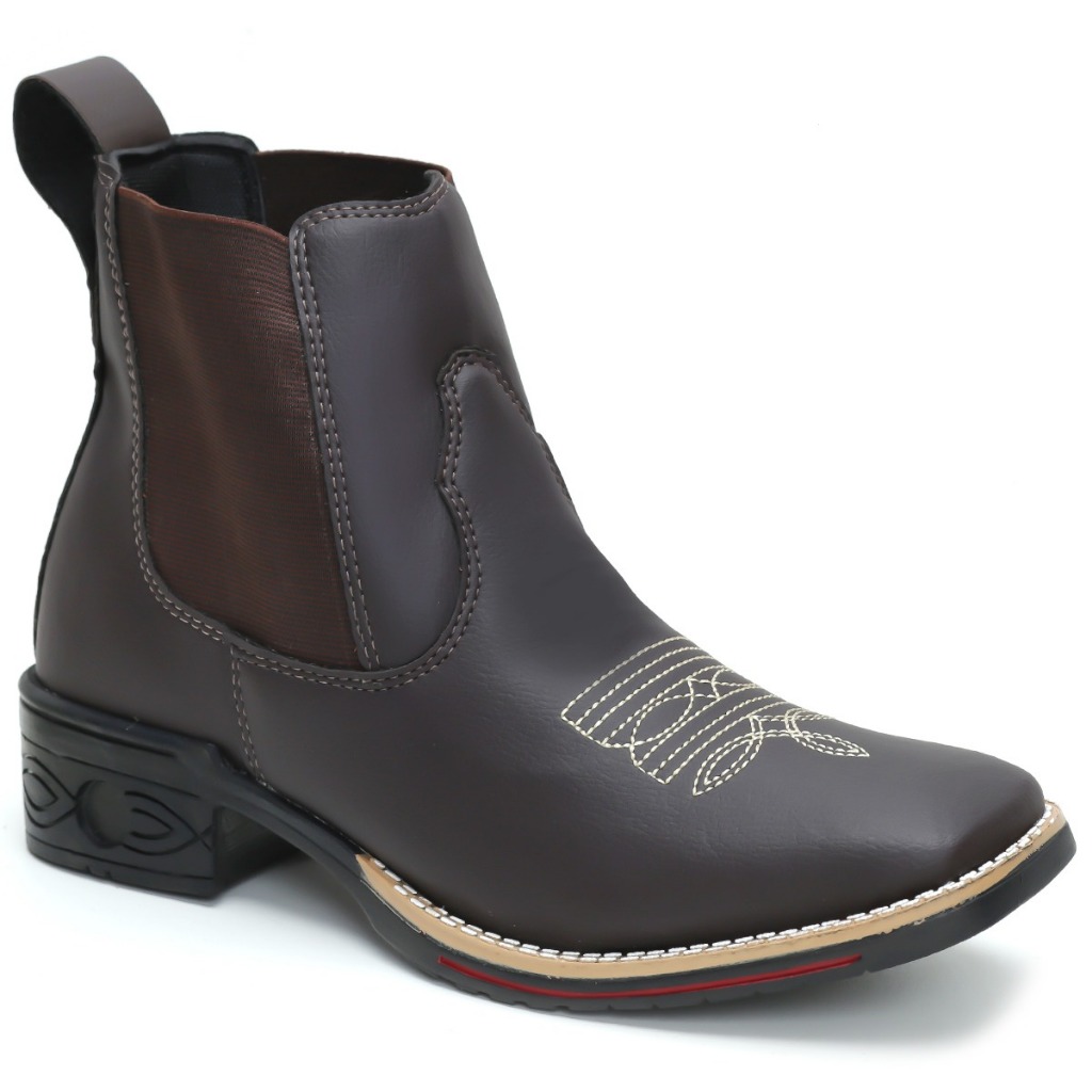 Botina Bota Country Texana Feminina Bico Quadrado Marrom Elástico