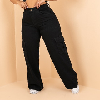 Calça Jeans Wide Leg Plus Size Cargo Preta Básica Lisa