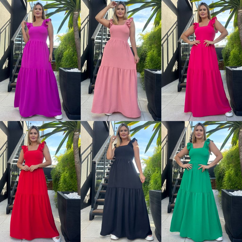 Vestido Feminino Longo Liso Com Bojo Elegante Com Babado Na Manga Luxo Com Duna Casual Sofisticado