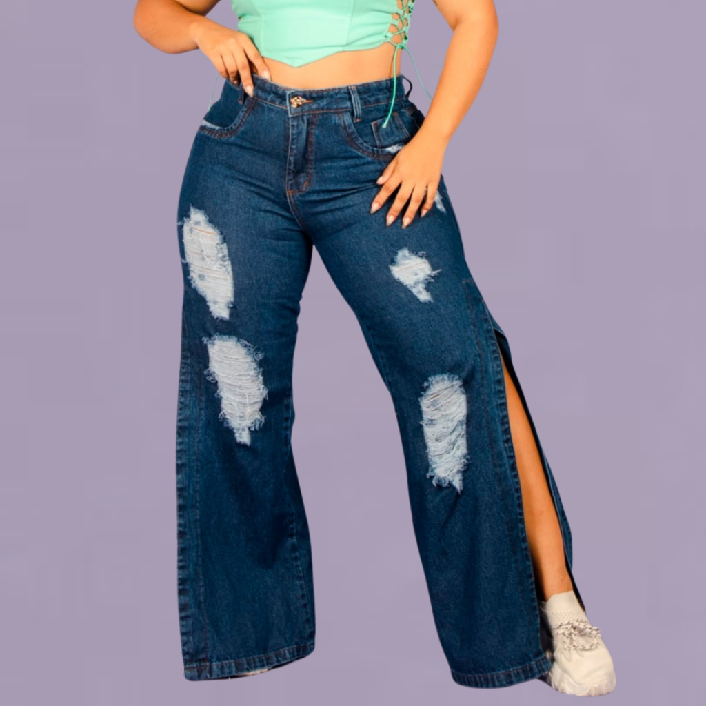 Calça Jeans Wide Leg Plus Size Fenda Lateral Casual em Oferta na Shopee