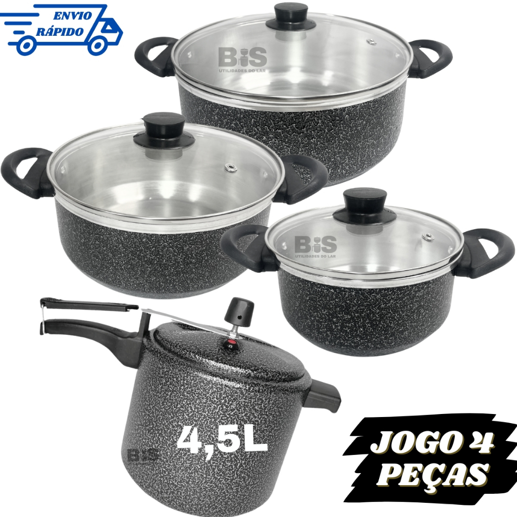 Conjunto 4 Peças Com 3 Panelas Tampa de Vidro 16/18/20 + Panela De Pressão 4,5 Litros Preta