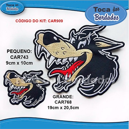 Kit 2 pçs Patch Bordado Bordado Lobo, 1 Grande 19x20cm + 1 Pequeno 9x10cm Cód.1925