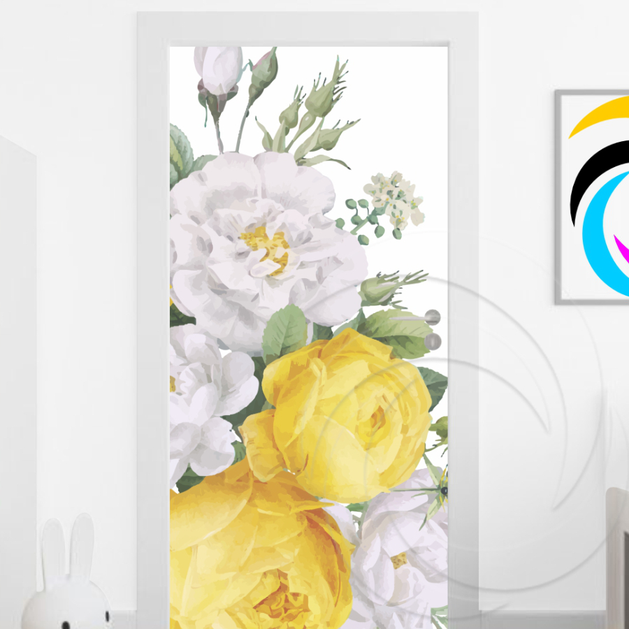 Papel Parede Adesivo para Portas de Madeira ou Vidro Decoração Revestimento Flores - Floral Amarelo e Branco 01134