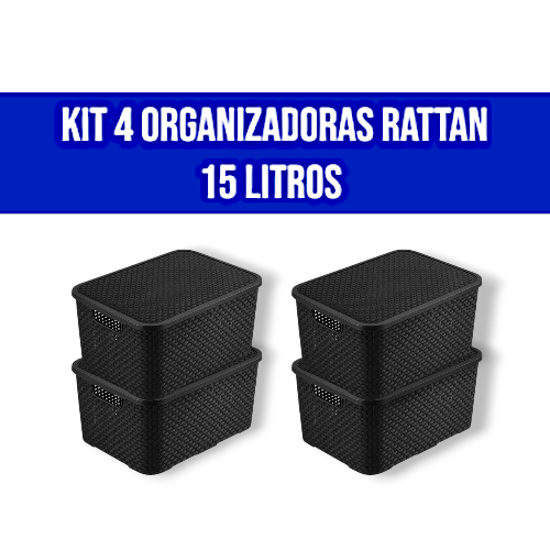 Kit 4 Caixa Organizadora Rattan Preta 15L Casa Organização Casa Decoração Caixa Mantimento