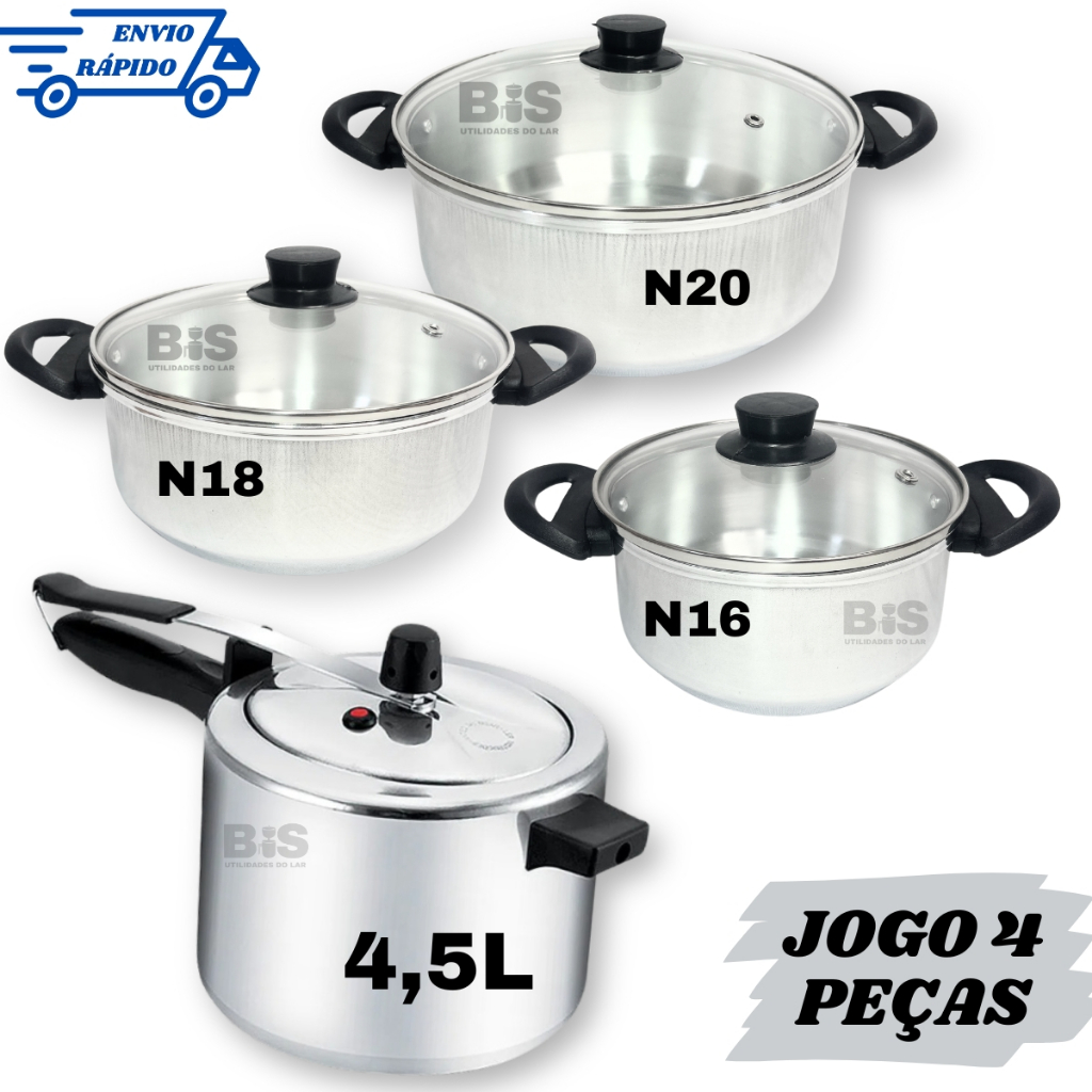 Conjunto 4 Peças Com 3 Panelas Tampa de Vidro 16/20 + Panela De Pressão 4,5 Litros Polida
