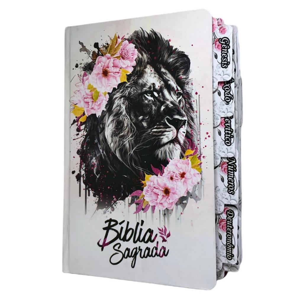 Bíblia Pentecostal Evangélica Cristã Para Mulher Sagrada Leão Flores Rosa Com Abas Adesivas Laterais Letra Gigante Com Harpa