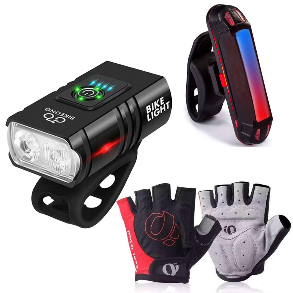 Lanterna Farol 2 Led Usb Led Luzes Com Visor + Sinalizador Traseira Pisca + Luva Bike Meio Dedo