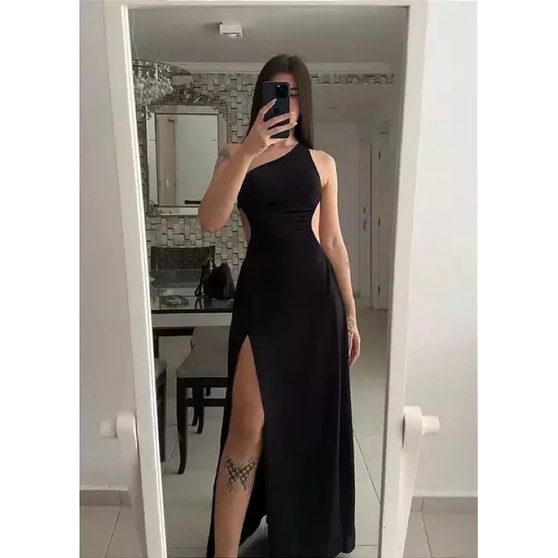 Vestido longo de uma alça Fenda na perna tendência para casamento natal, ano novo, reveillon, formatura e festas noite — imagem 1