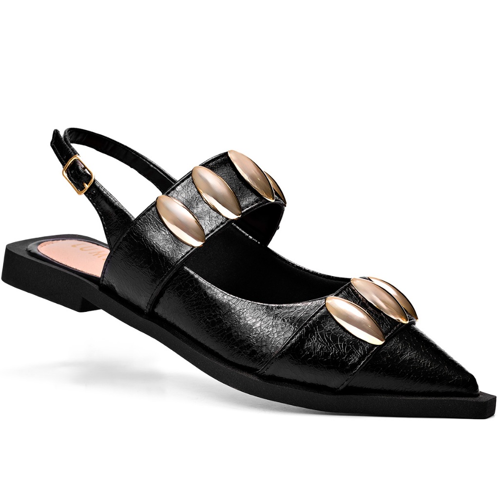 Sapatilha Feminina Slingback Lumiss Tachas Confortável Bico Fino Preto - Women Shoes
