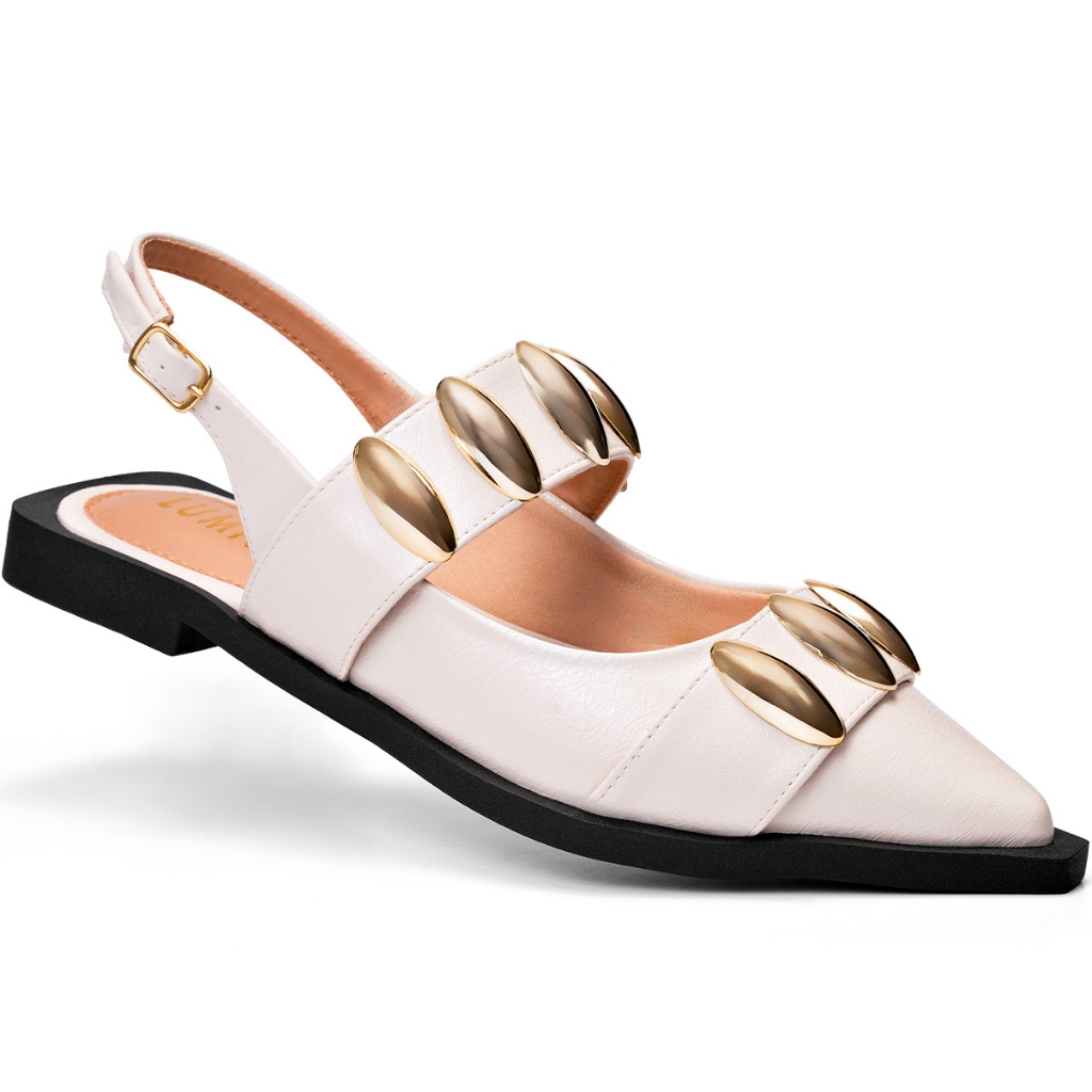 Sapatilha Feminina Slingback Lumiss Tachas Confortável Bico Fino Off White em Oferta na Shopee