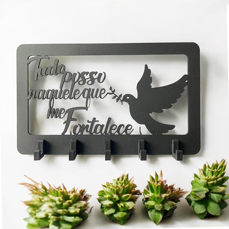 Porta Chaves Vazado em MDF TUDO POSSO NAQUELE QUE ME FORTALECE Religioso Decoração