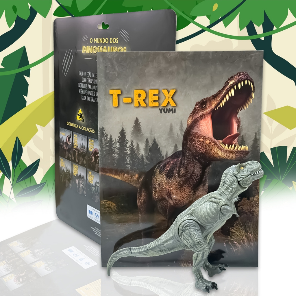 Livro Mundo dos Dinossauros + Dinossauro Brinquedo T-Rex Colecionável Articulado e Realista