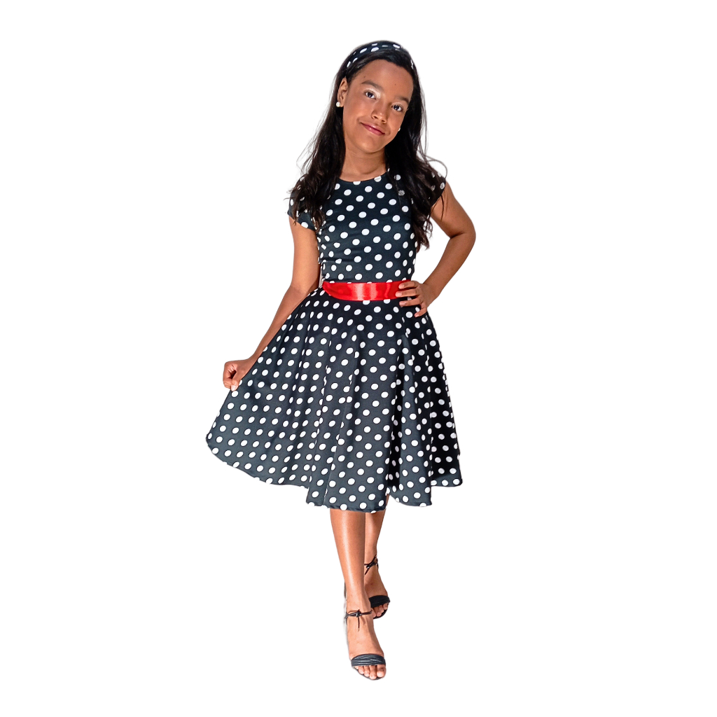 Vestido Infantil Meninas Anos 80 Godê Duplo Poá Bolinha Moda Evangélica Feminina Regata
