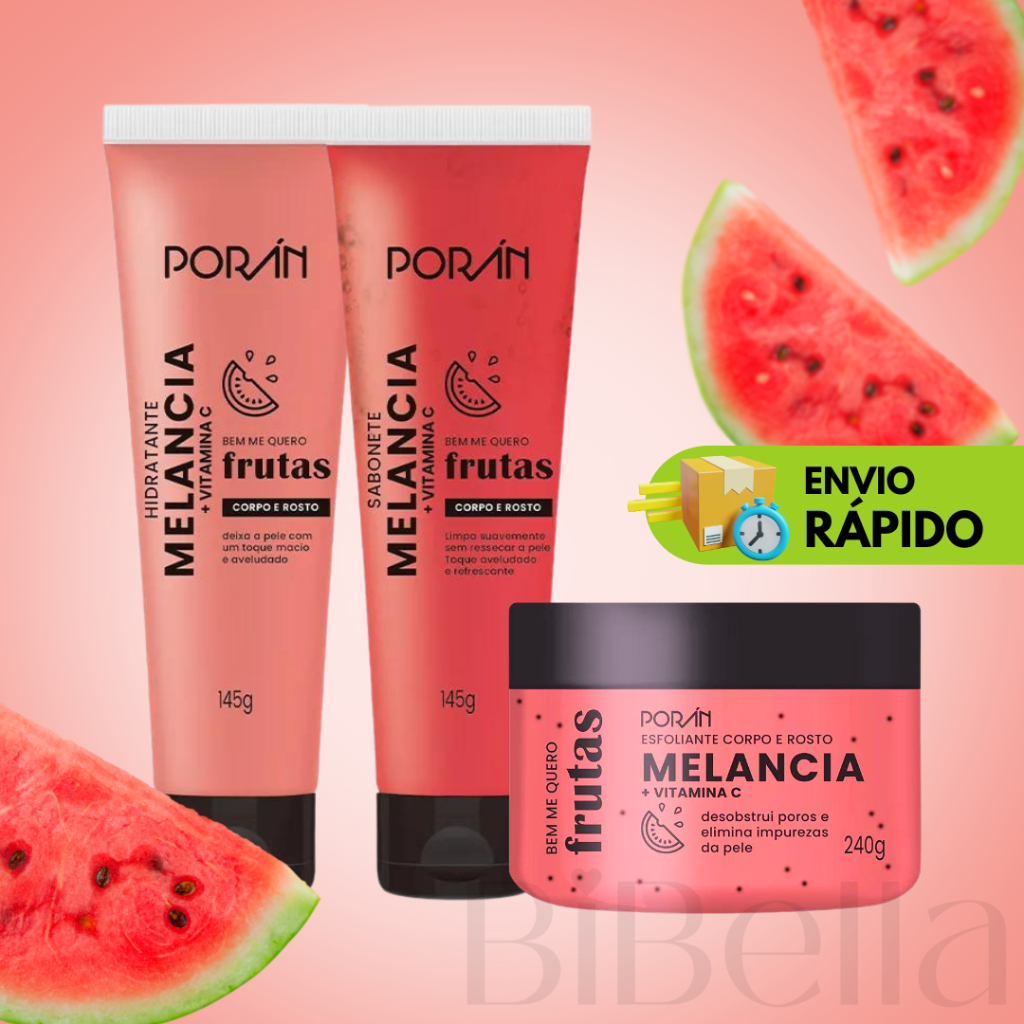 Kit Spa Banho Cuidados Diários Rosto e Corpo Porán - Esfoliante, Hidratante e Sabonete - Melancia - Pitaya - Manga Rosa em Oferta na Shopee