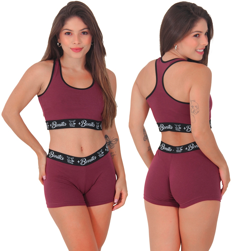 Detalhes do Kit 3 Conjuntos Top Short  Feminino Algodão Lingerie Moda Íntima