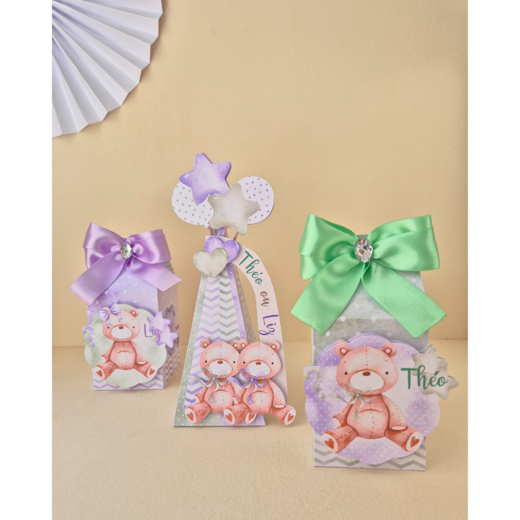 Lembrancinha personalizada Chá Revelação / personalizados chá de revelação / kit decoração chá revelação / ursinhos menino ou menina / lilás ou roxo e verde
