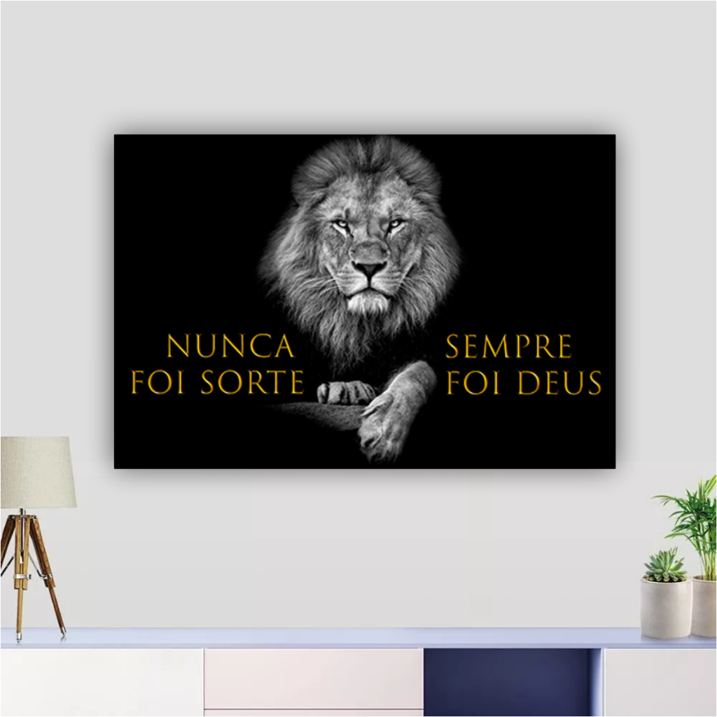 Quadro decorativo leão de judá preto e branco religioso nunca foi sorte sempre foi Deus sala quarto