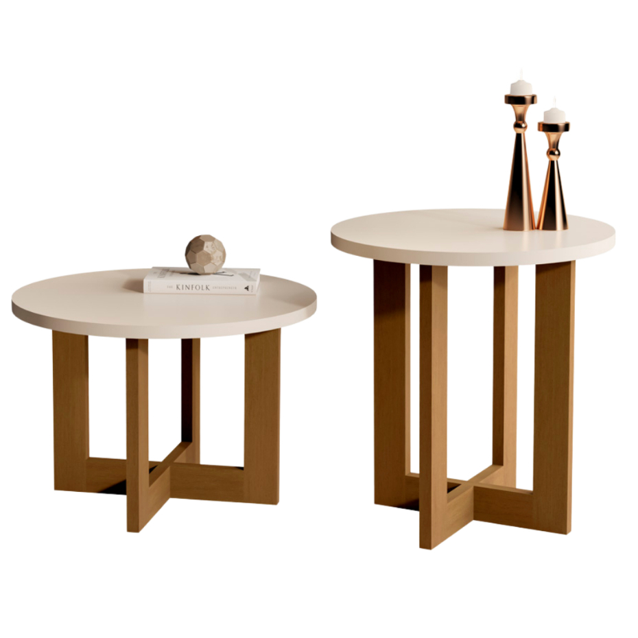 Conjunto 1 Mesa Lateral e 1 Mesa De Centro Redonda Madeira Estilo Retrô Para Sala De Estar...