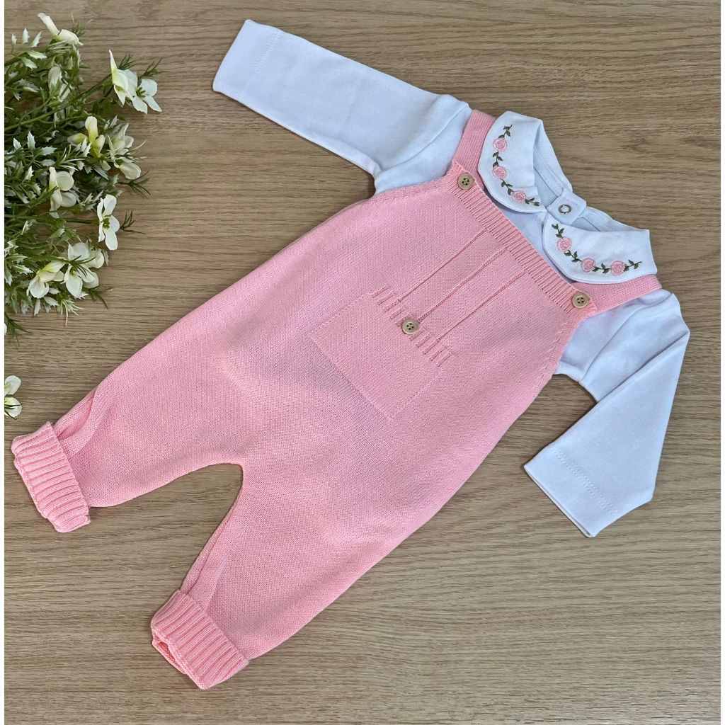 Jardineira de Menina Maria Clara Rosa Bebê Tricot Body Bordado 2 Peças