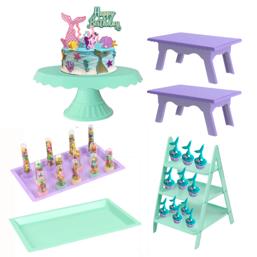 kit Decoração Boleira + Bandeja + Mesinha P/ Doces + Escadinha Festa Pequena Sereia Bolos