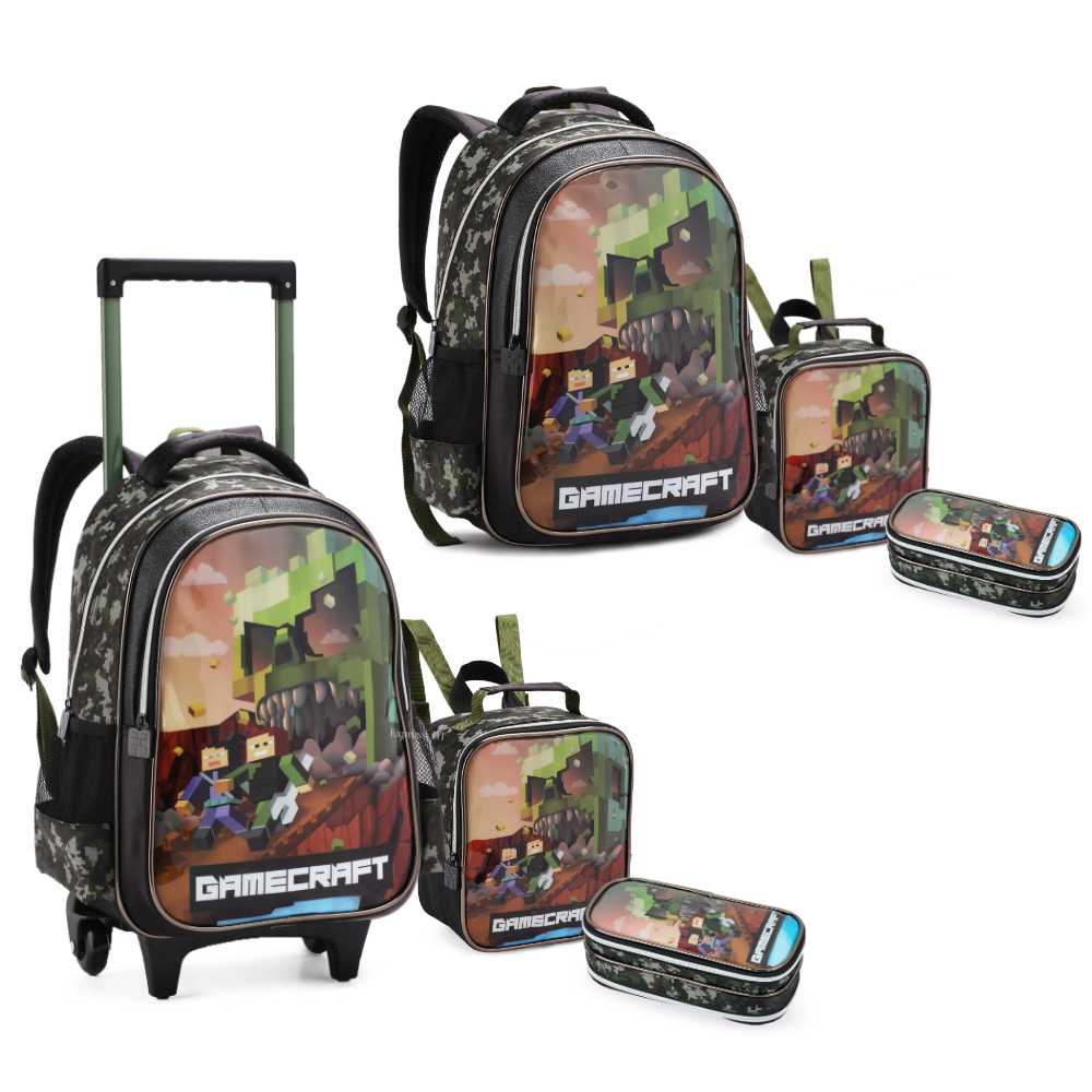 Mochila Infantil Menino Escolar Rodinha Gamecraft Costas Com Lancheira Térmica e Estojo Reforçado Grande