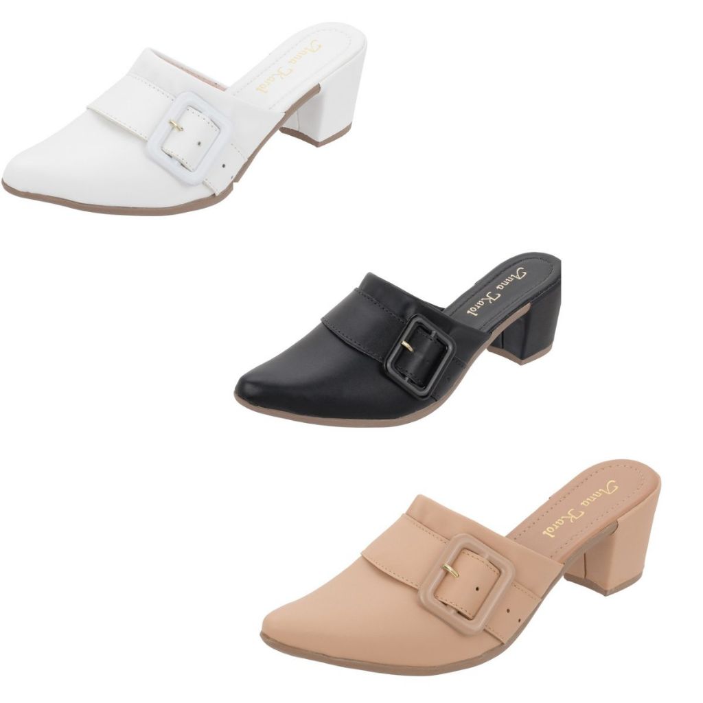 Scarpin Mule Salto Alto Grosso Luxo Bico Fino fivela cor em Oferta na Shopee