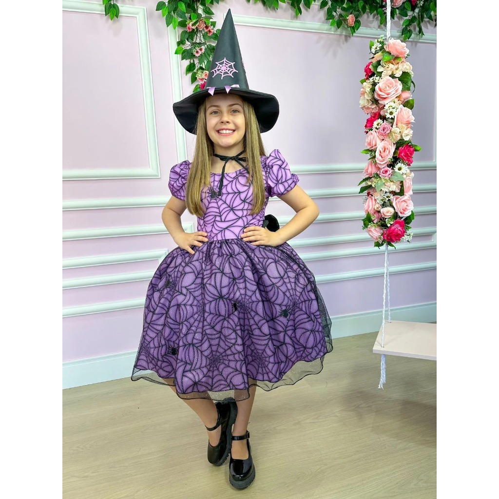 fantasia bruxa bruxinha Halloween Wandinha acompanha capa 4 ao 16