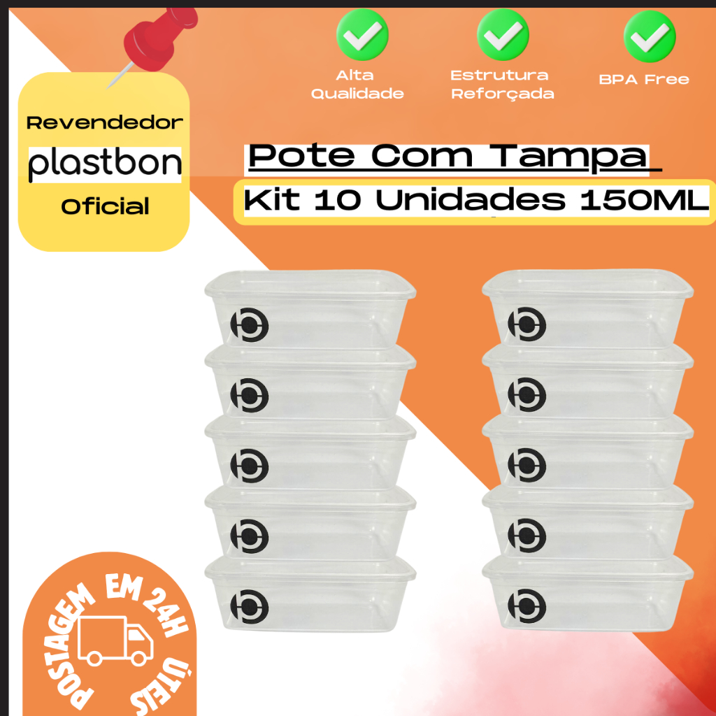 Kit 10 Potes Vasilhas Organizador Com Tampa Plastbon 200ML em Oferta na Shopee