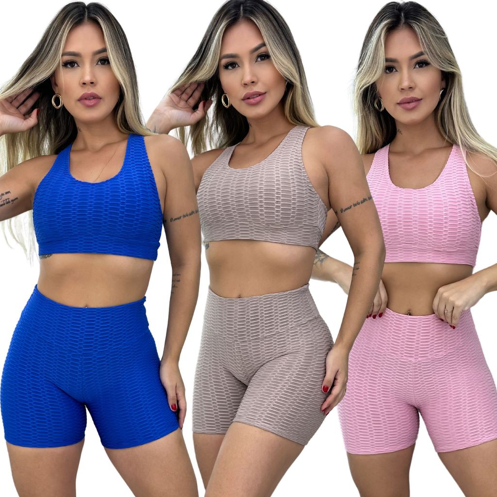 Conjunto de Academia Short e Cropped Fitness jacquard bolha Cós Alto Treino em Oferta na Shopee
