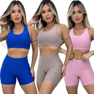 Conjunto de Academia Short e Cropped Fitness jacquard bolha Cós Alto Treino em Oferta na Shopee