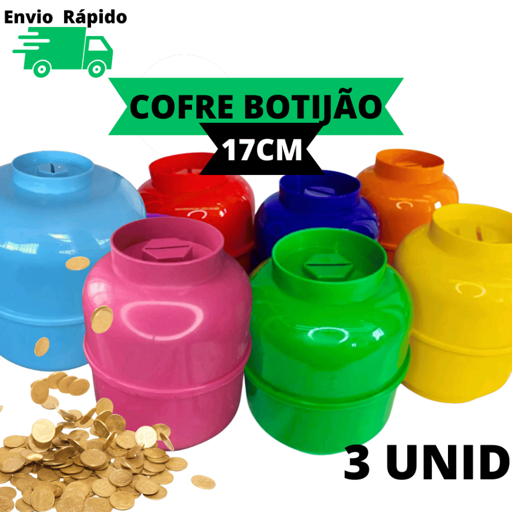 3 Cofrinhos Botijão 17cm Plástico Grande Resistente Moedas Nota Para Crianças Adulto Economizar