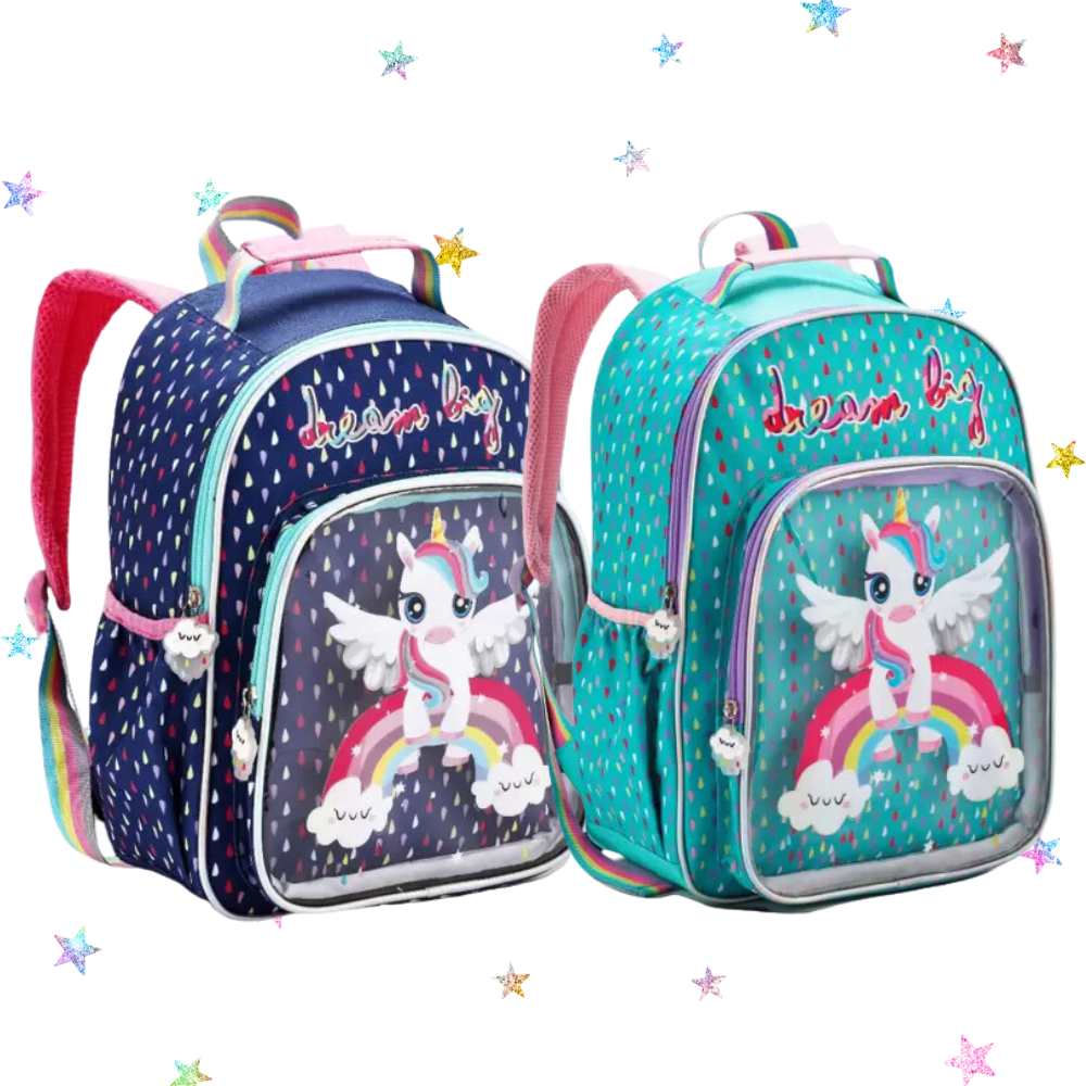 Mochila Escolar Infantil Menina Unicórnio Arco-Íris Reforçada Costas Grande Pequena Creche