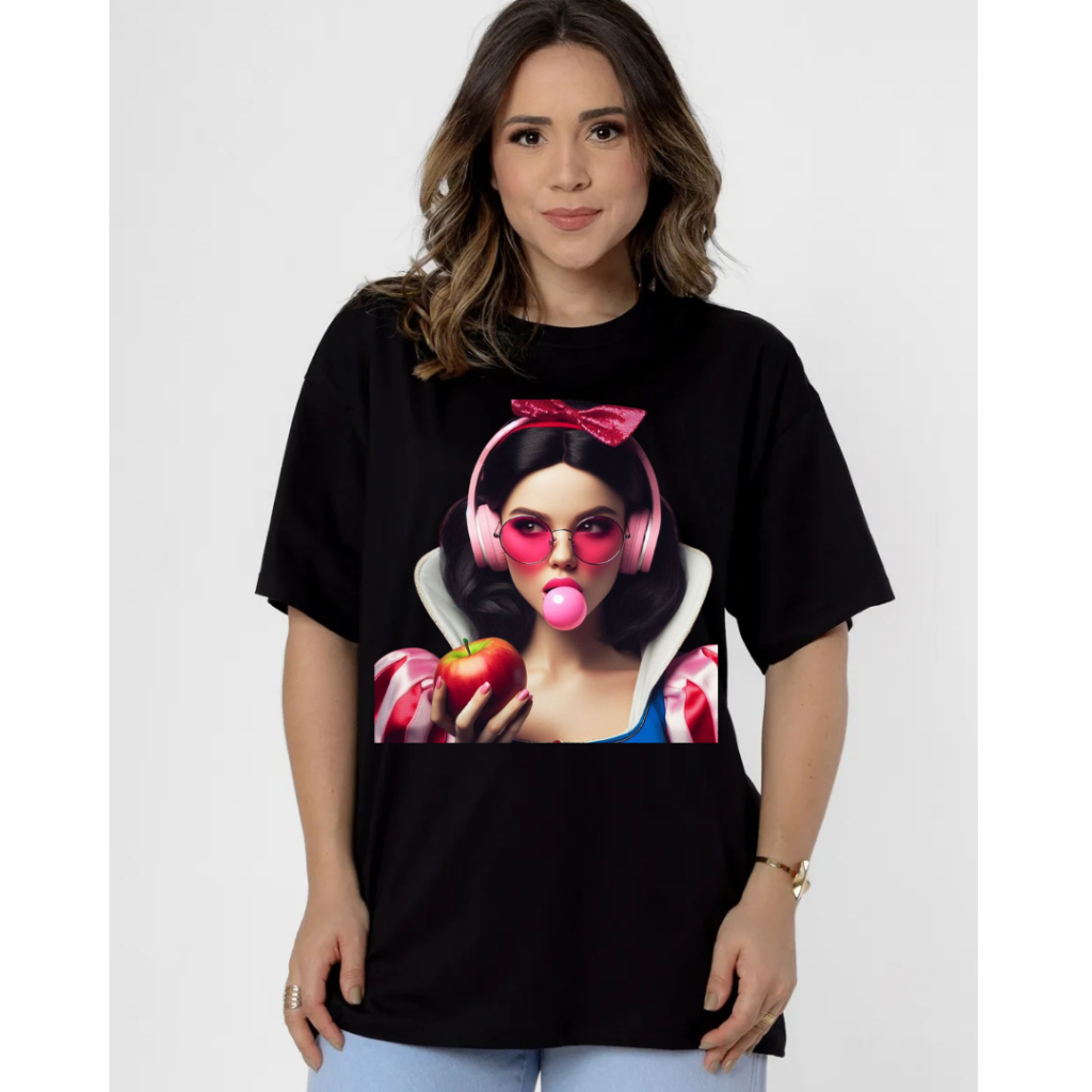 Oversized Feminina Preta Algodão Treino Pesado Academia Blusa Branca de Neve