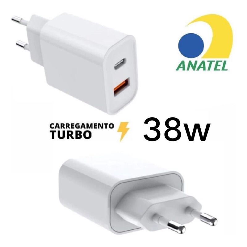 Carregador Fonte para iPhone Turbo Rapido 38w PD Tipo C Usb 2 Entradas